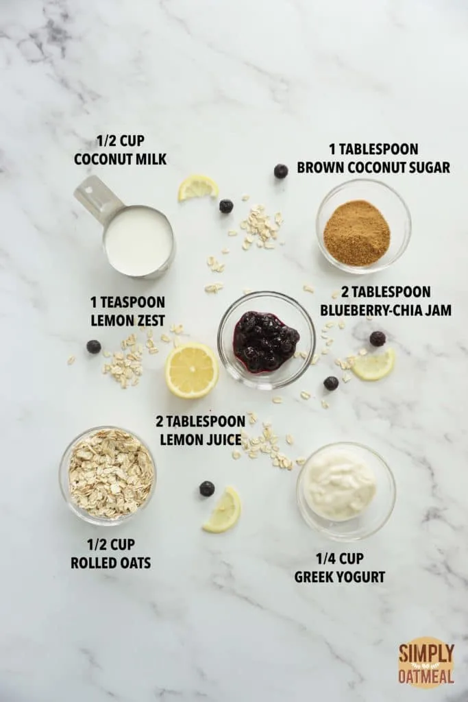Ingredients to make blueberry lemonade overnight oats