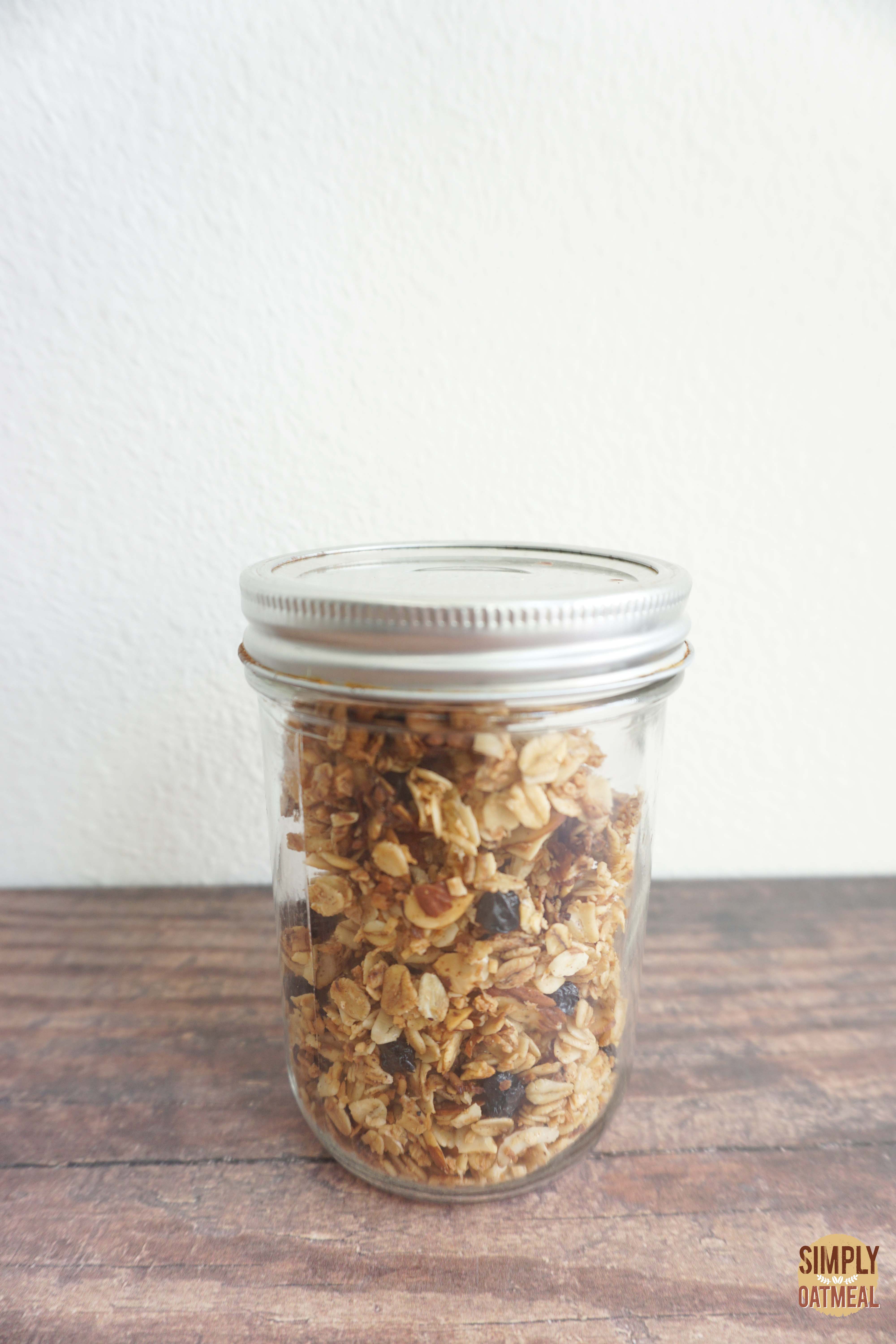 Blueberry muffin granola in an airtight mason jar