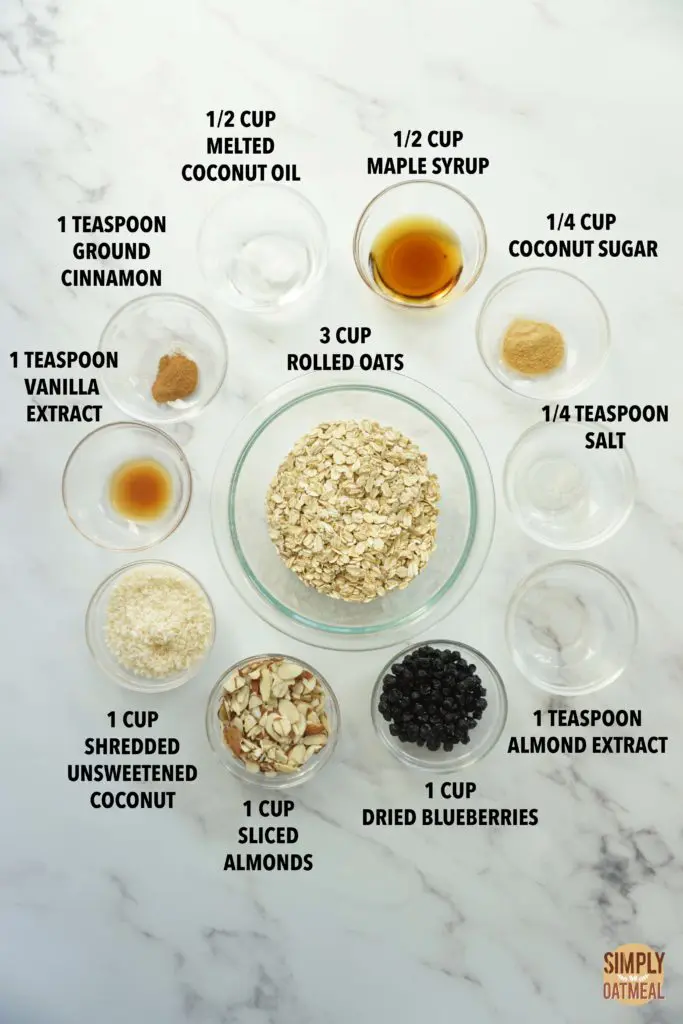 All the ingredients to make blueberry muffin granola
