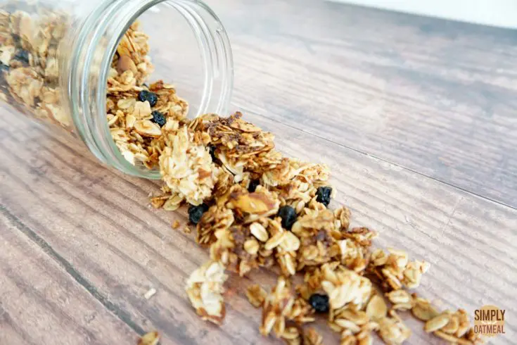 Closeup of blueberry muffin granola poured onto a plate