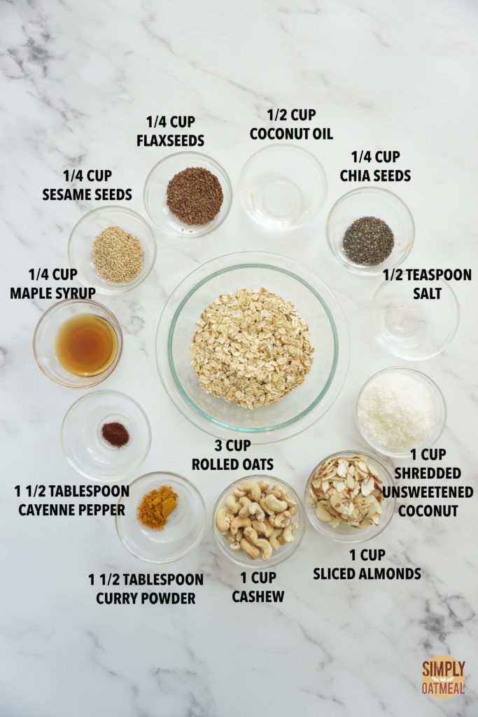 All the ingredients to make cashew curry granola