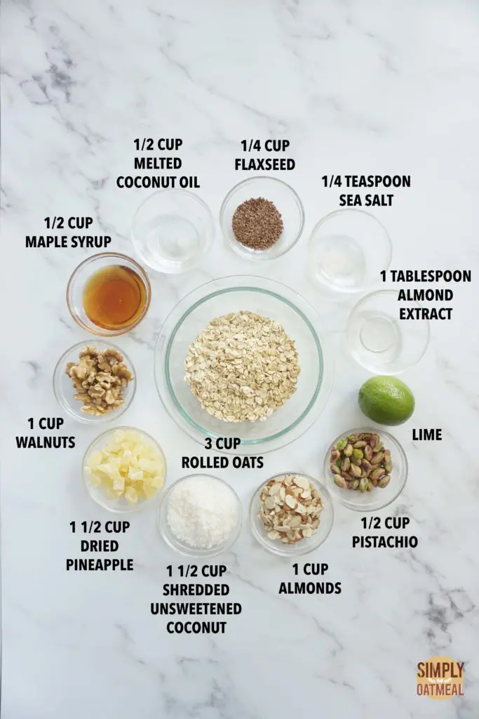 All the ingredients to make coconut lime pineapple granola