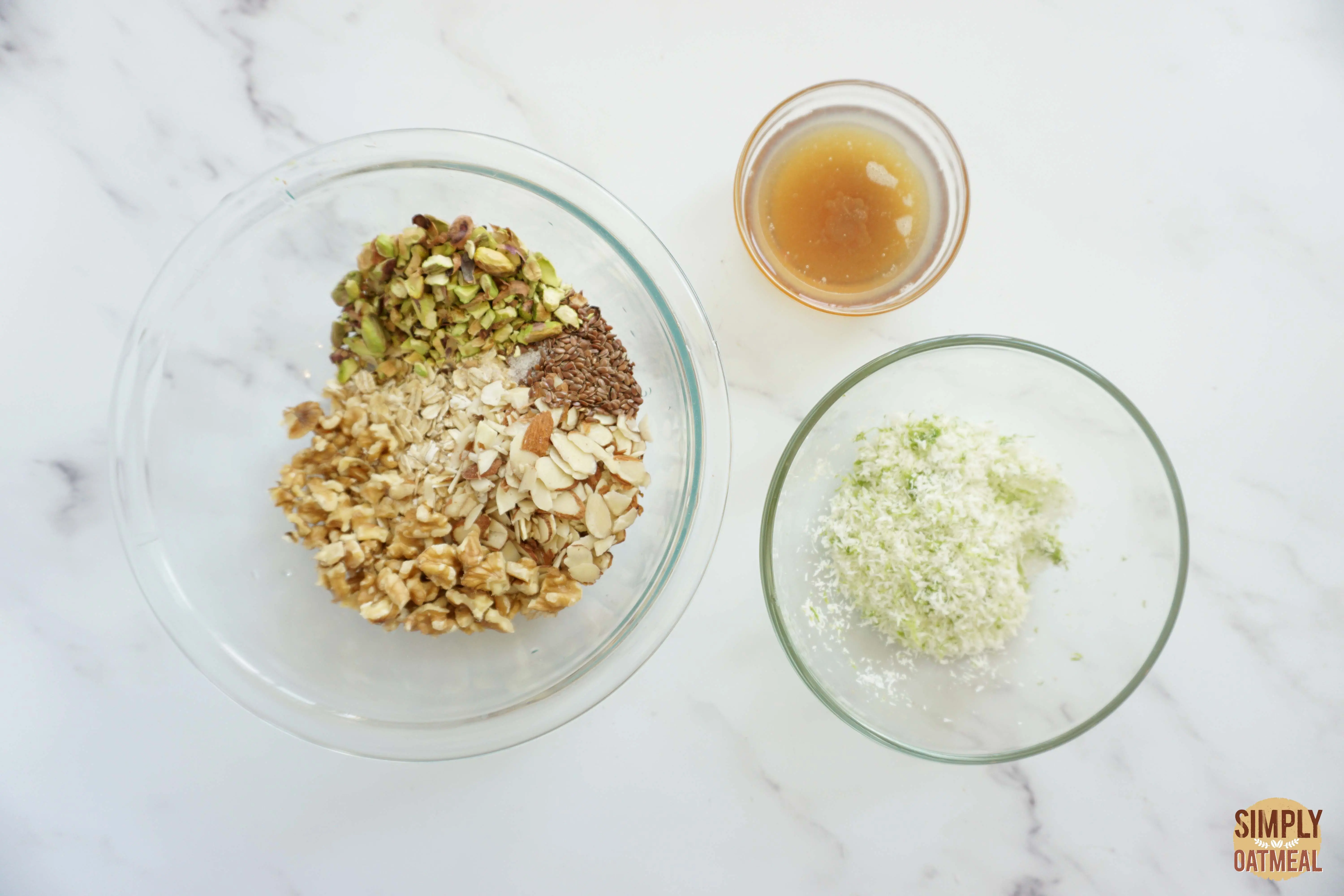 Wet and dry ingredients to make coconut lime pineapple granola