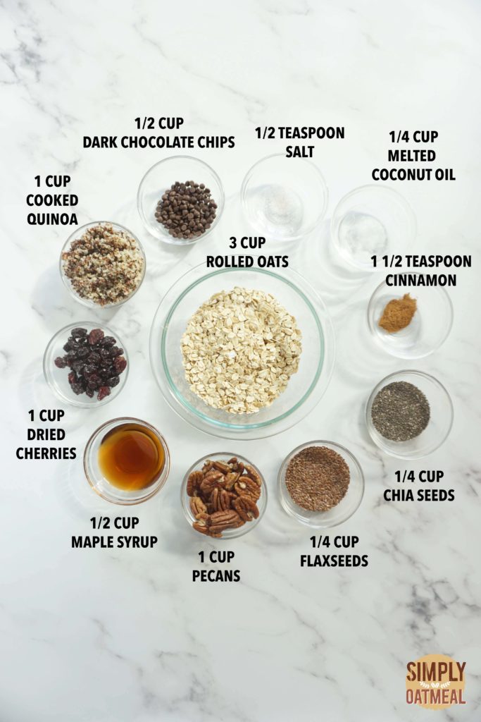 All the ingredients to make chocolate cherry granola