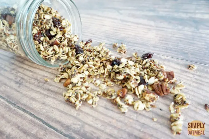 Closeup of chocolate cherry granola poured onto a plate