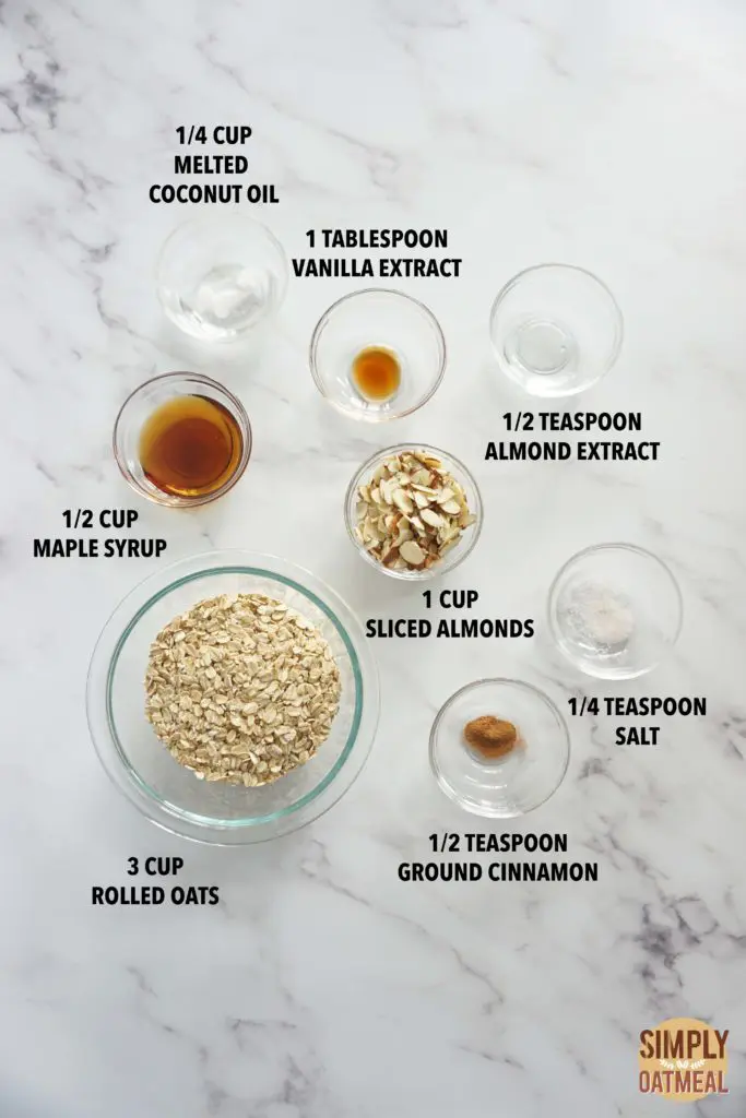 All the ingredients to make french vanilla almond granola