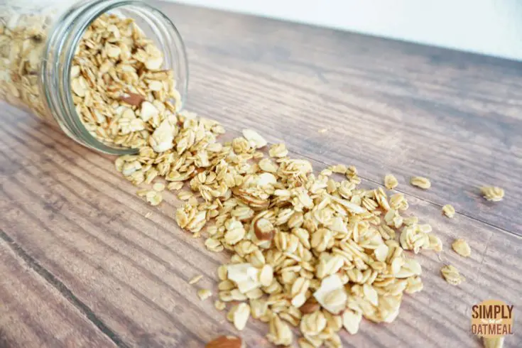 Closeup of french vanilla almond granola poured onto a plate