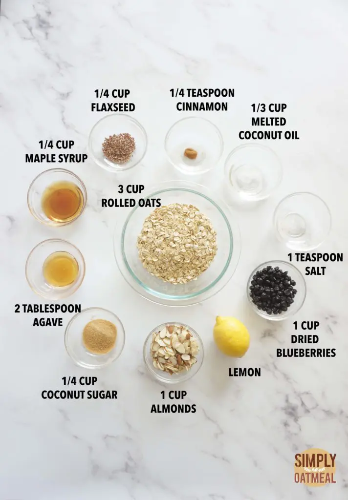 All the ingredients to make lemon blueberry granola