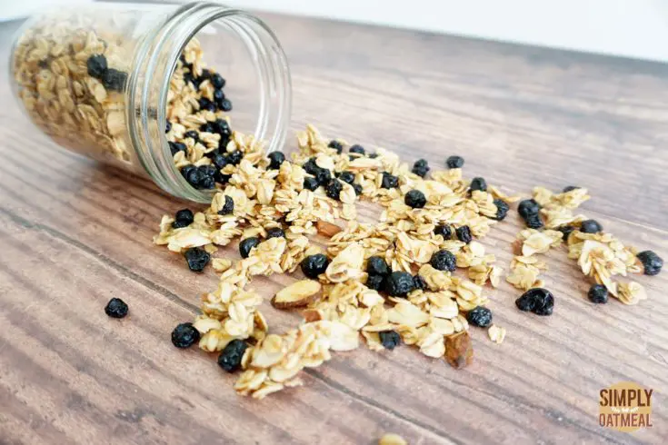 Closeup of lemon blueberry granola poured onto a plate