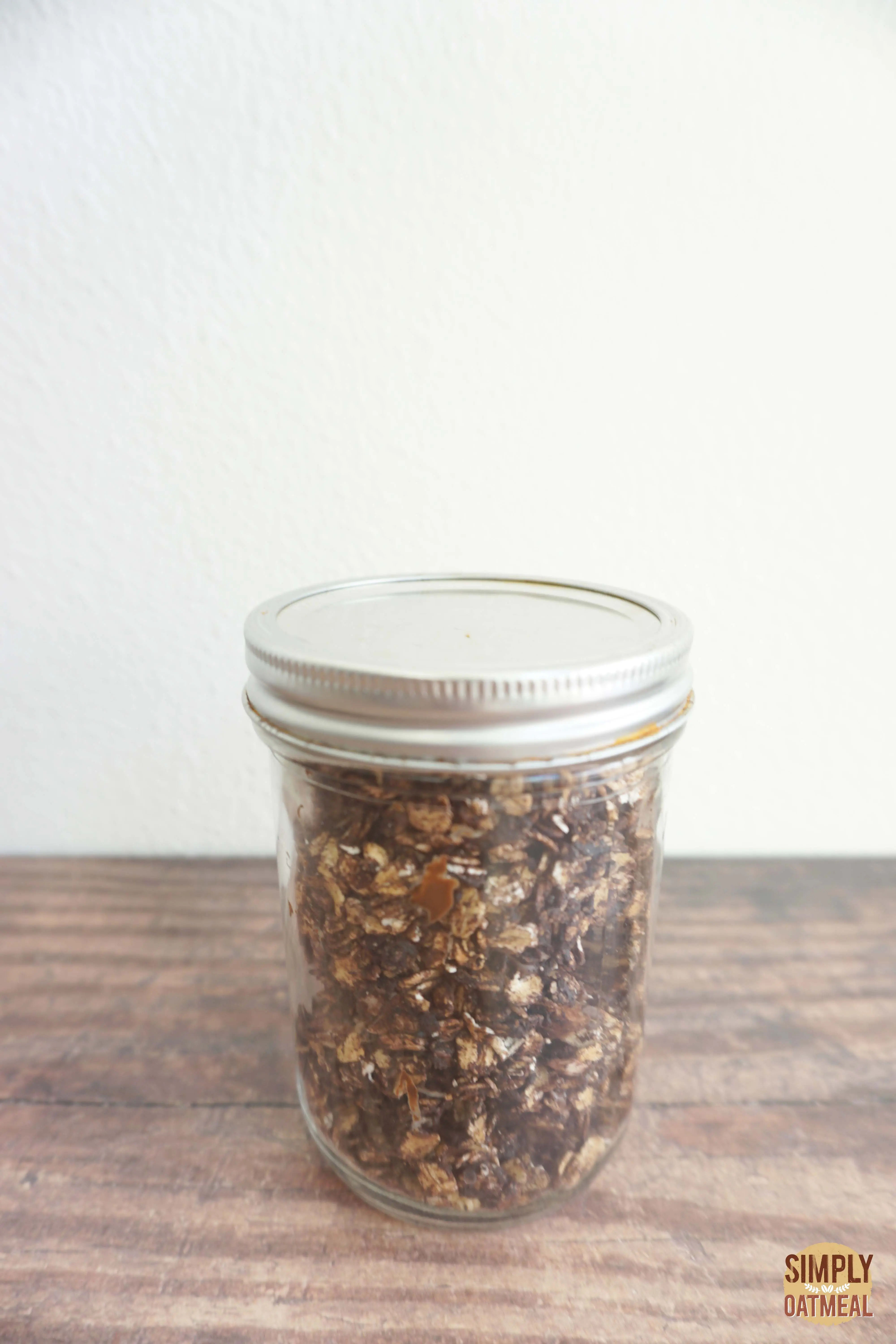 Mint chocolate granola in an airtight mason jar