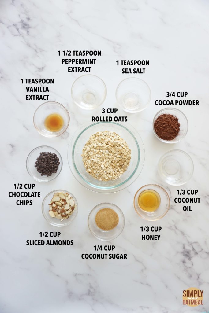 All the ingredients to make mint chocolate granola