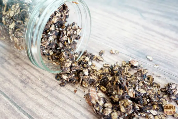 Closeup of mint chocolate granola poured onto a plate