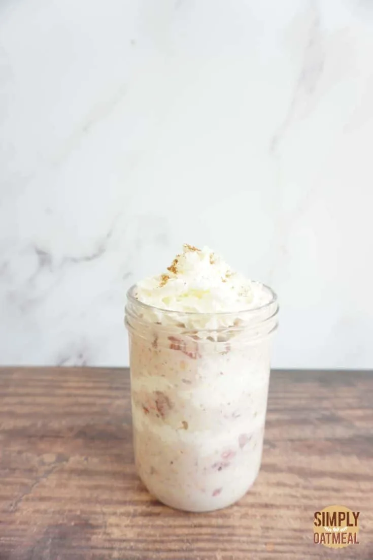 Single serving of strawberry and cream overnight oats in a mason jar