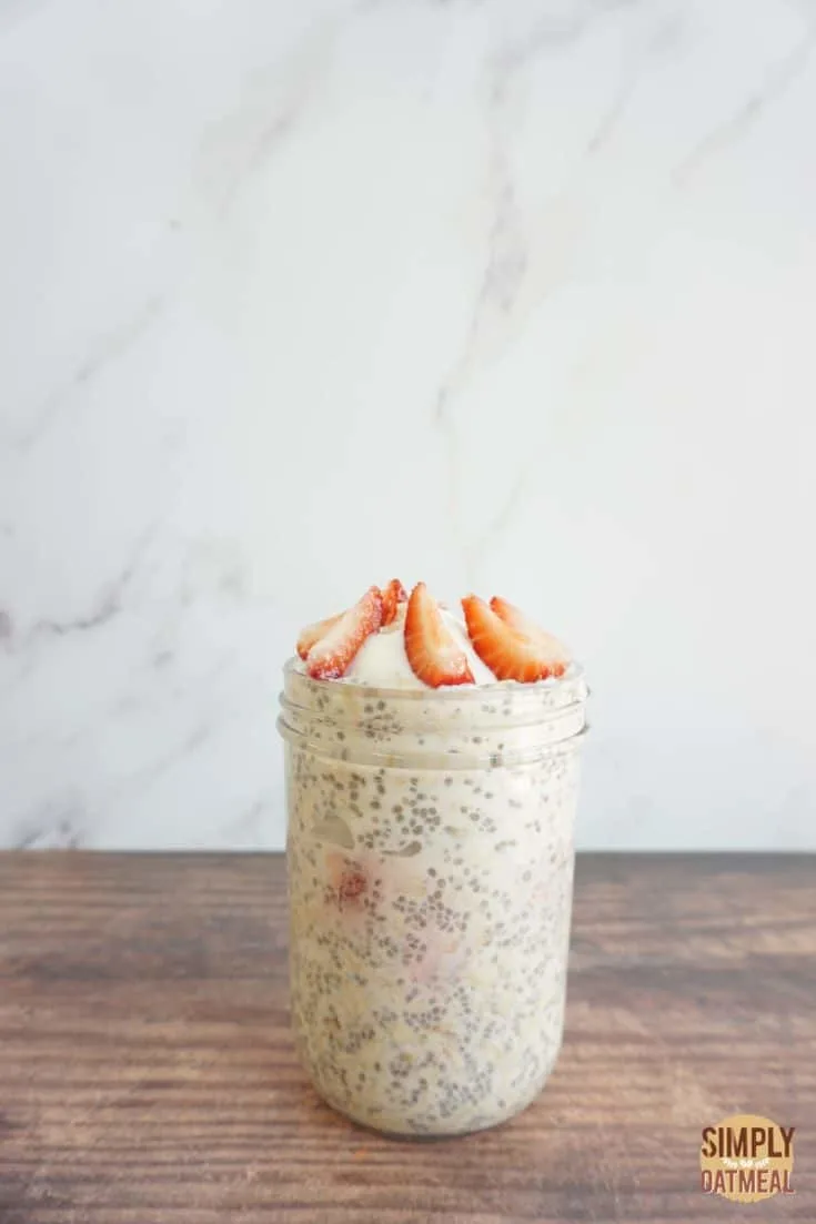 Single serving of strawberry vanilla overnight oats in a mason jar