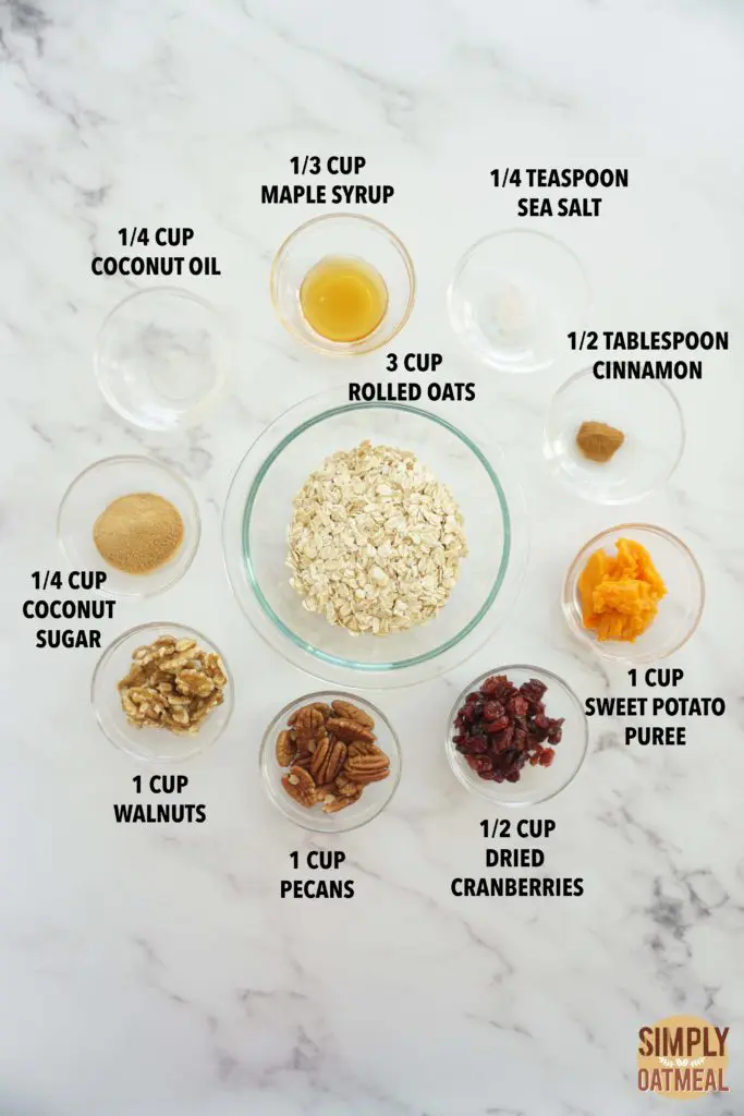 All the ingredients to make sweet potato maple granola