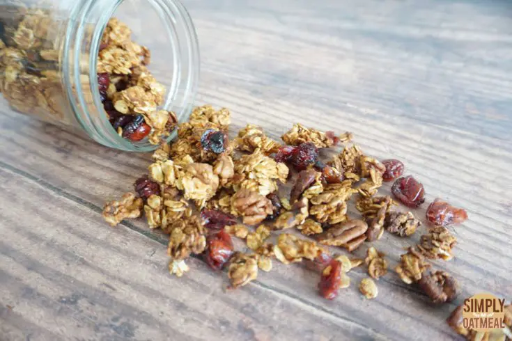 Closeup of sweet potato maple granola poured onto a plate