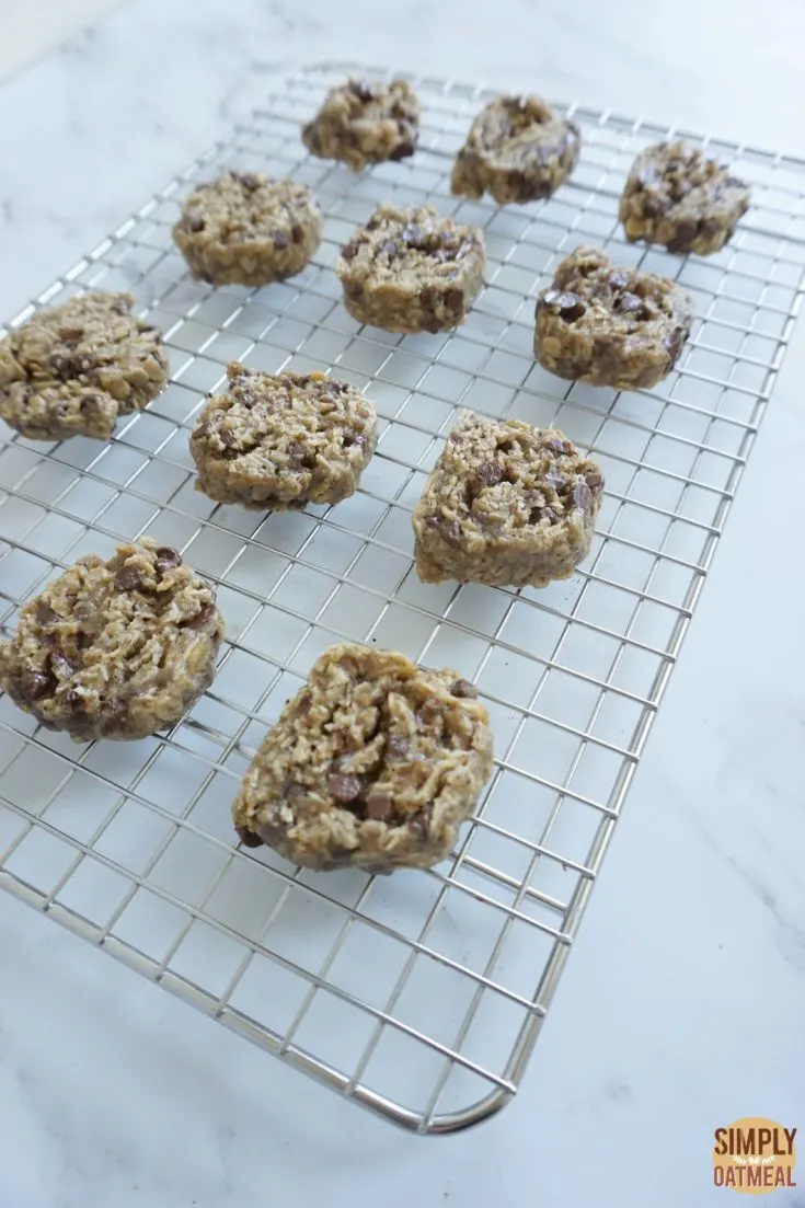 Hot espresso chocolate chip oatmeal cookies on a wire rack