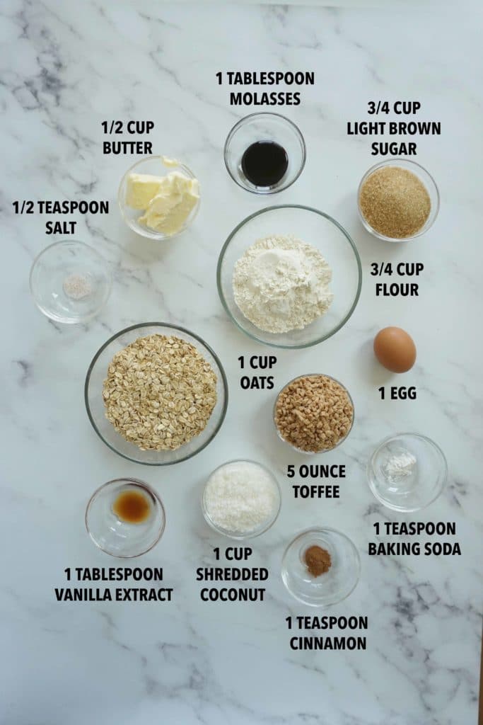 Ingredients to make toffee coconut oatmeal cookies