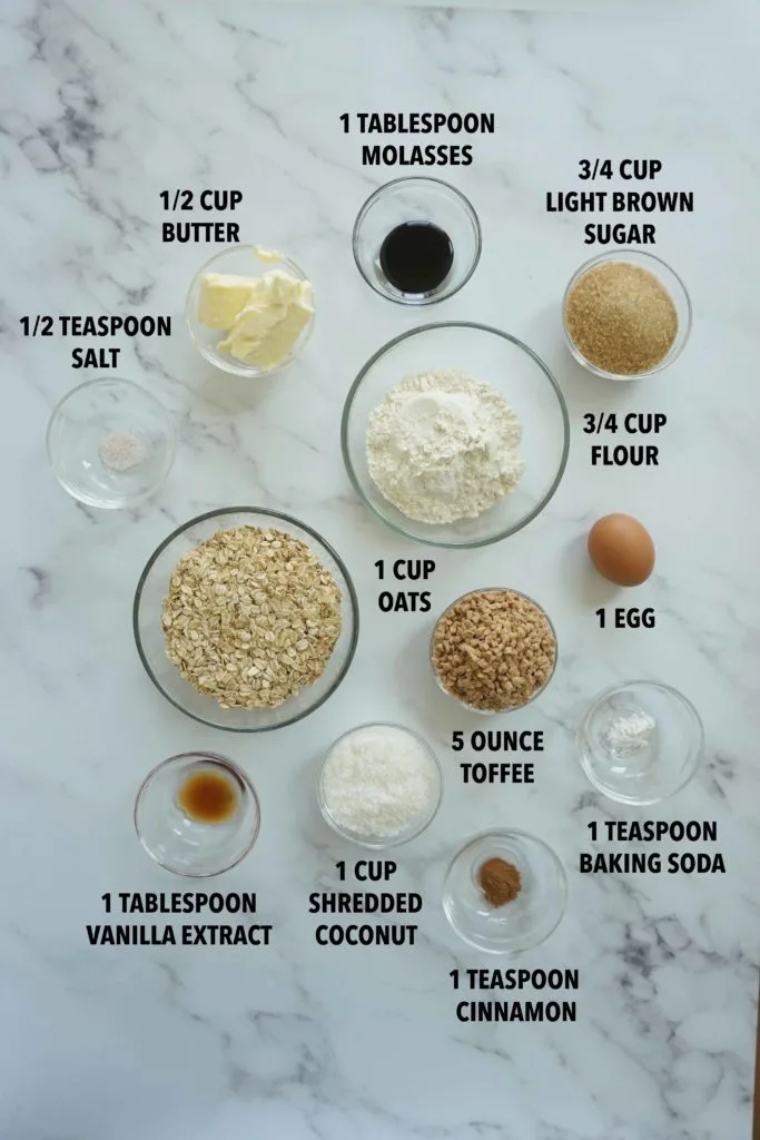 Ingredients to make toffee coconut oatmeal cookies Ingredients to make toffee coconut oatmeal cookies