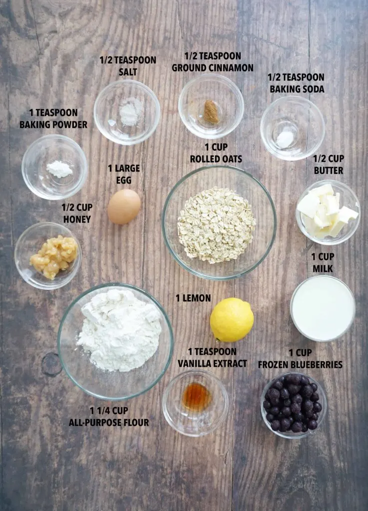 Ingredients to make blueberry lemon oatmeal muffins Ingredients to make blueberry lemon oatmeal muffins