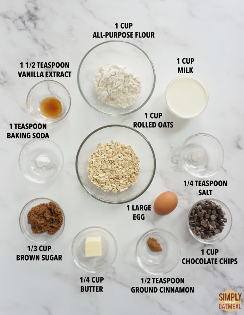 Ingredients to make chocolate chip oatmeal muffins