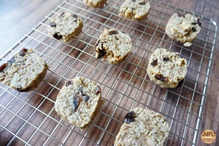 Oatmeal raisin cookies cooling on a wire rack