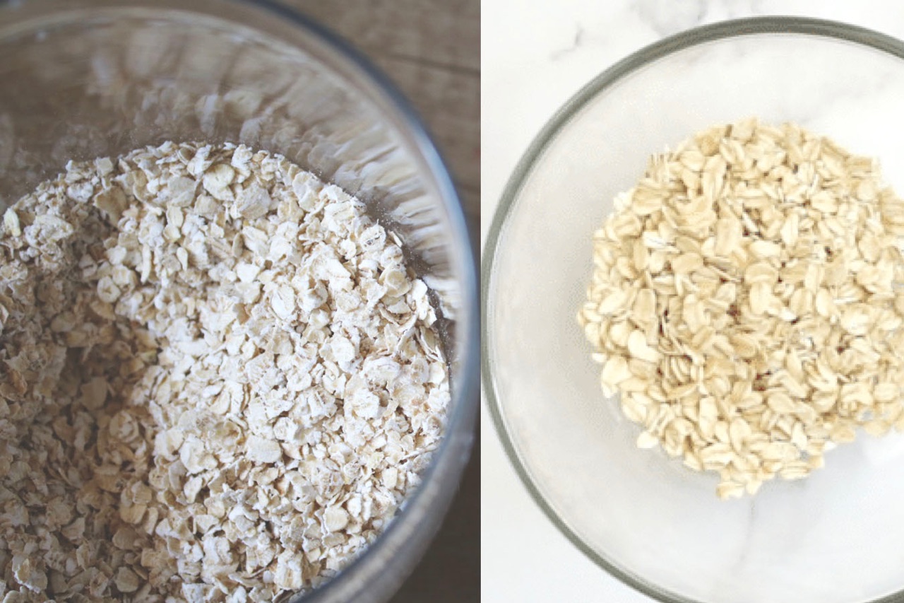 Rolled oats and quick oats side by side in glass bowls. Both oats are steamed and then rolled, but quick oats are thinner than the rolled oats.