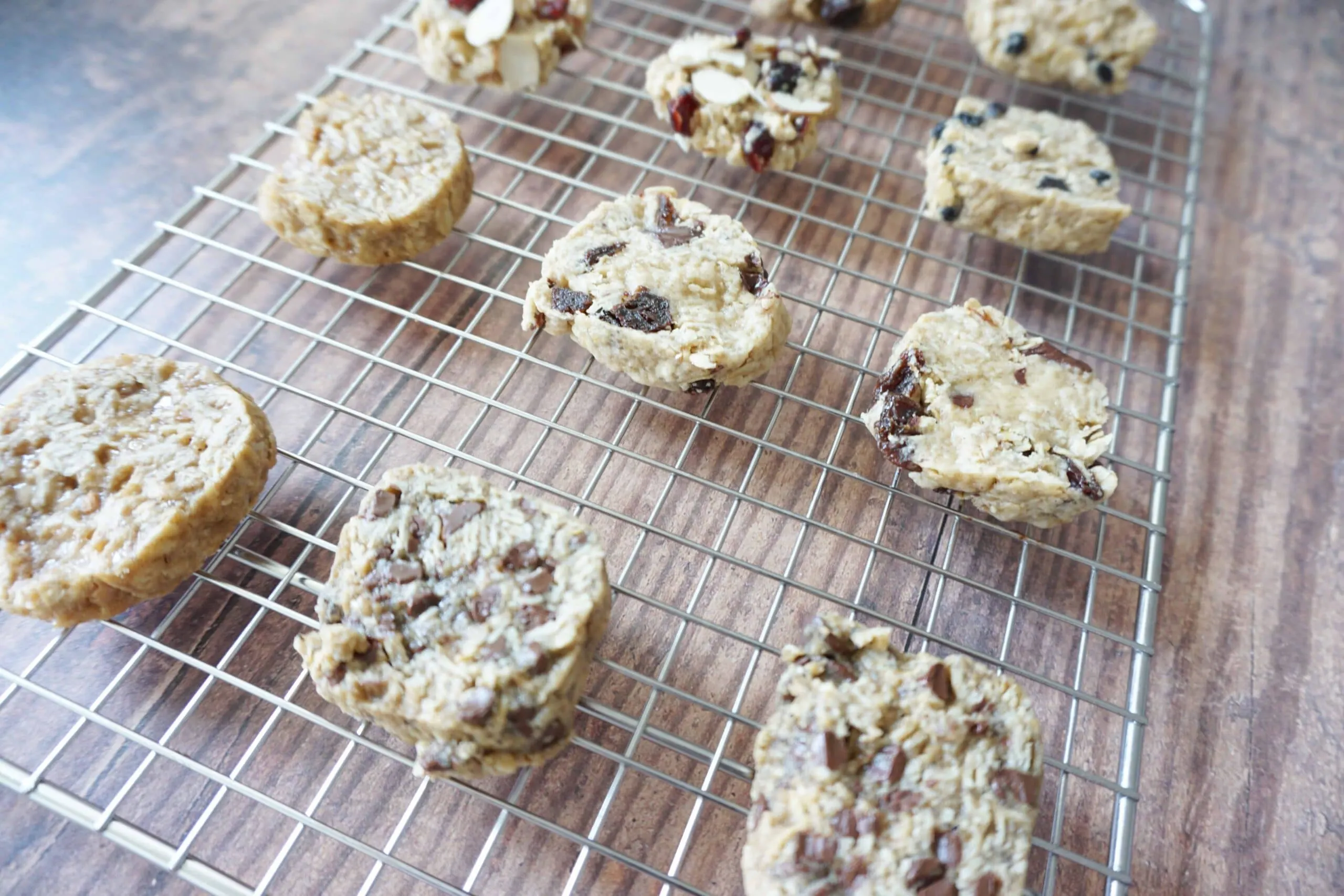 Healthy oatmeal cookies cooling on a wire rack