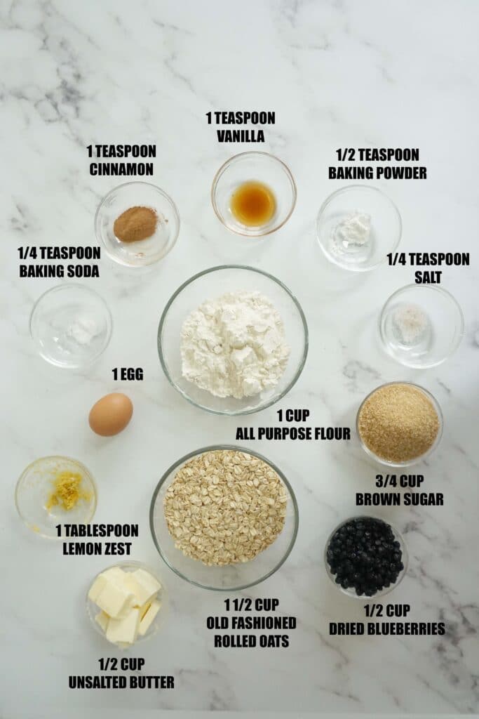 Ingredients to make blueberry lemon oatmeal cookies.