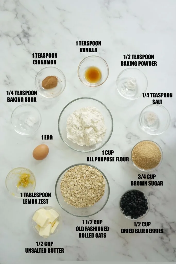 Ingredients to make blueberry lemon oatmeal cookies Ingredients to make blueberry lemon oatmeal cookies.
