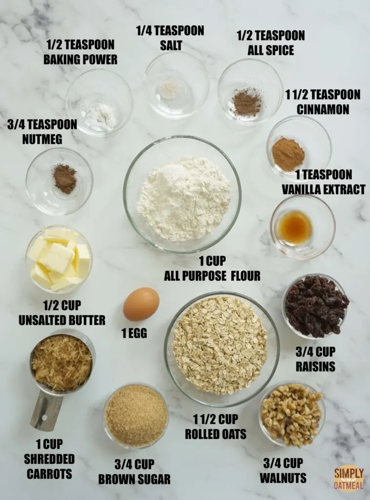 Ingredients to make carrot cake oatmeal cookies. Ingredients to make carrot cake oatmeal cookies.