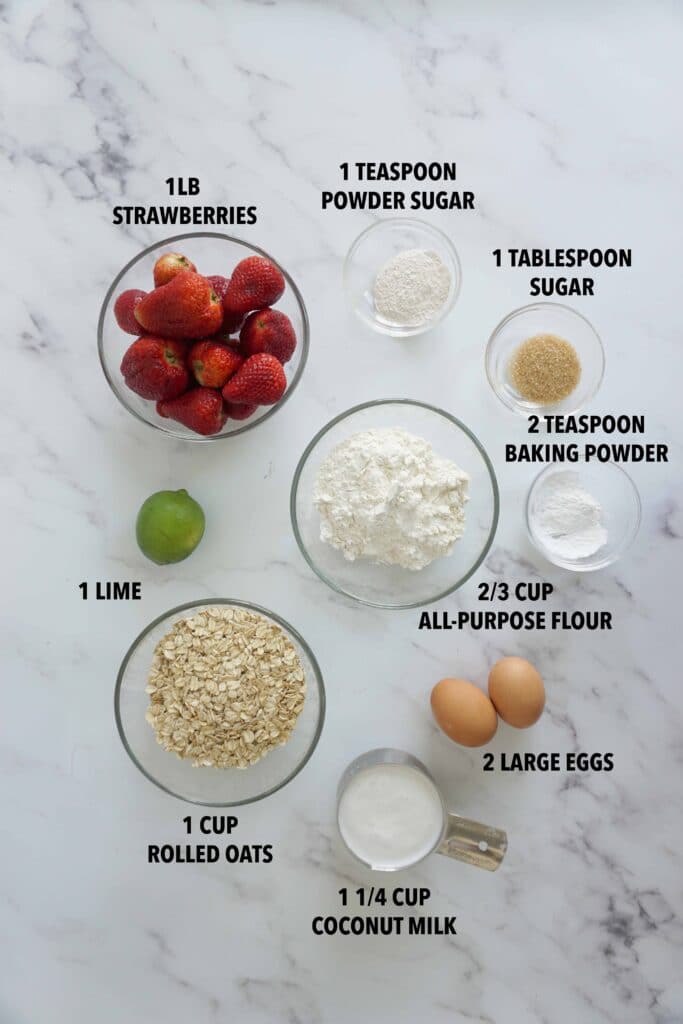 Ingredients to make coconut oatmeal pancakes with strawberry lime syrup.