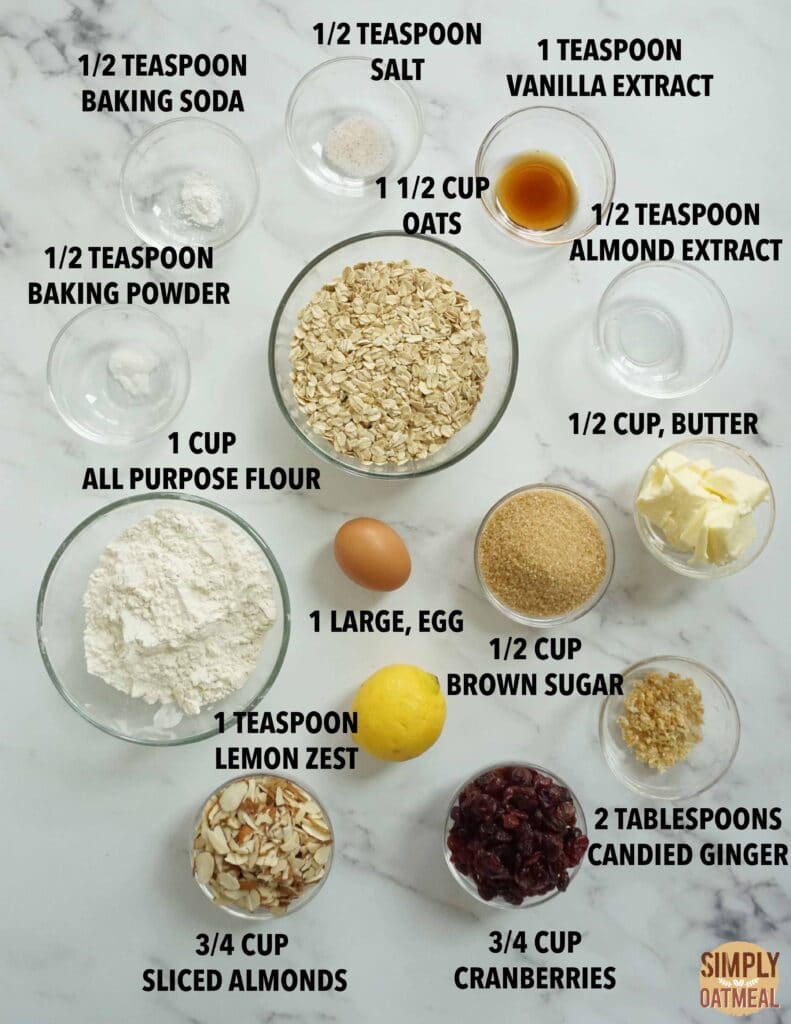Ingredients to make cranberry almond oatmeal cookies.