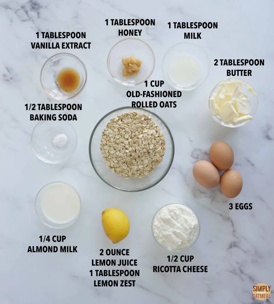 Ingredients to make lemon ricotta oatmeal pancakes Ingredients to make lemon ricotta oatmeal pancakes.