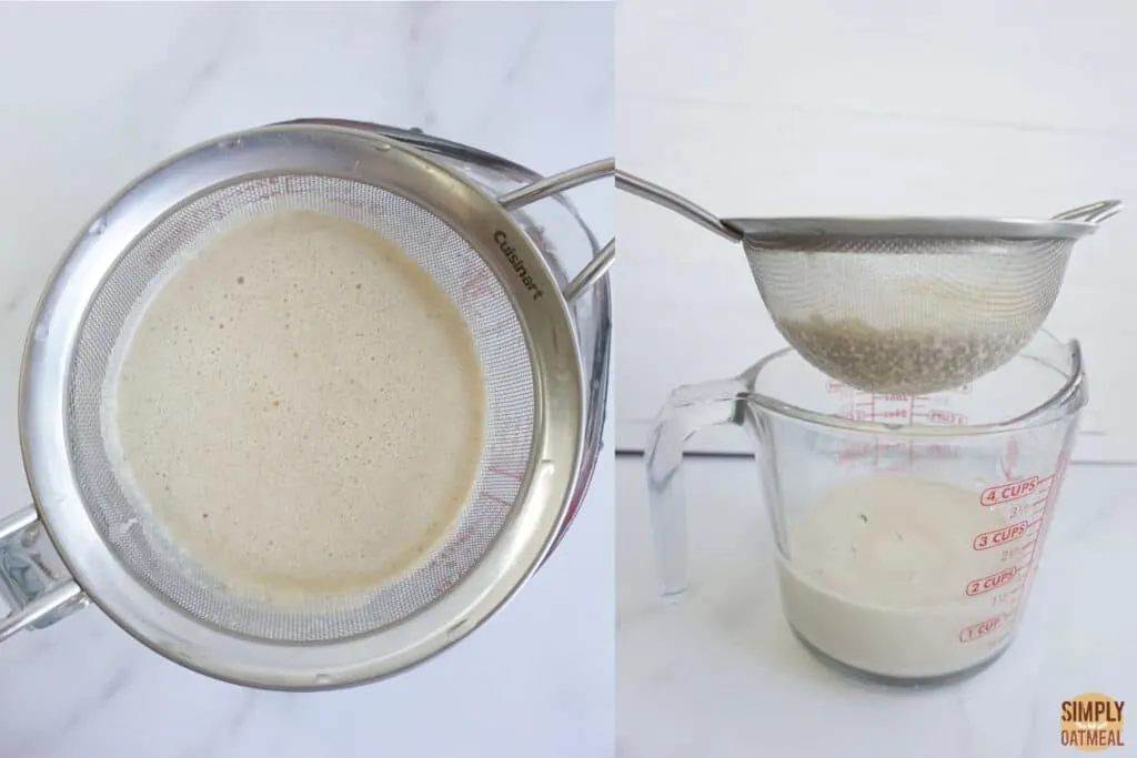 Strain the oat milk like oatly using a fine mesh strainer and a nut milk bag.
