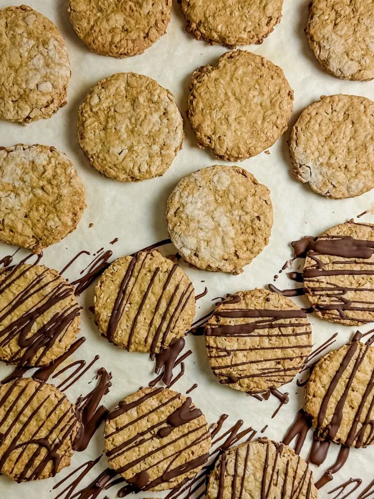 Chocolate drizzled oatcakes.