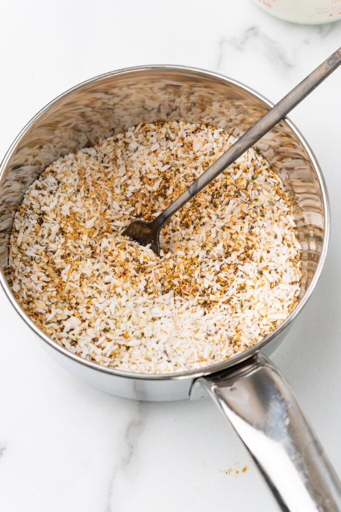 Chia seeds and coconut in pan.