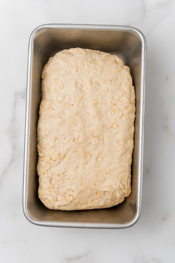 Loaf pan with batter.