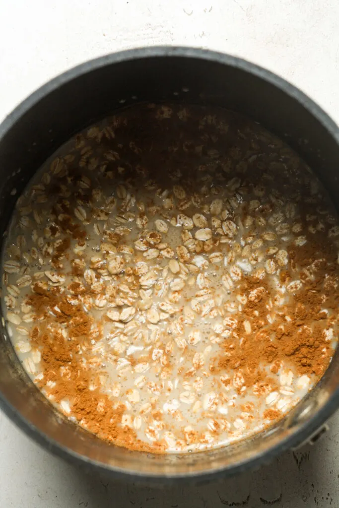 Oats with cinnamon in saucepan.