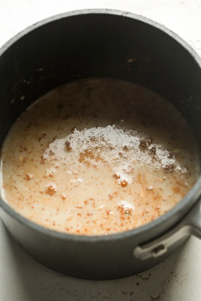 Vegan milk and cinnamon in saucepan.