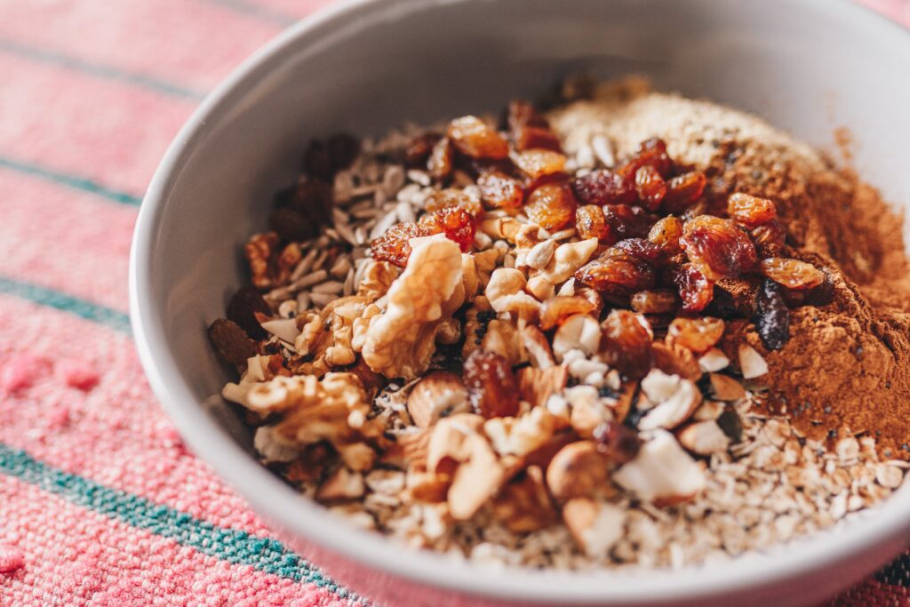 Bowl of oats and seeds.